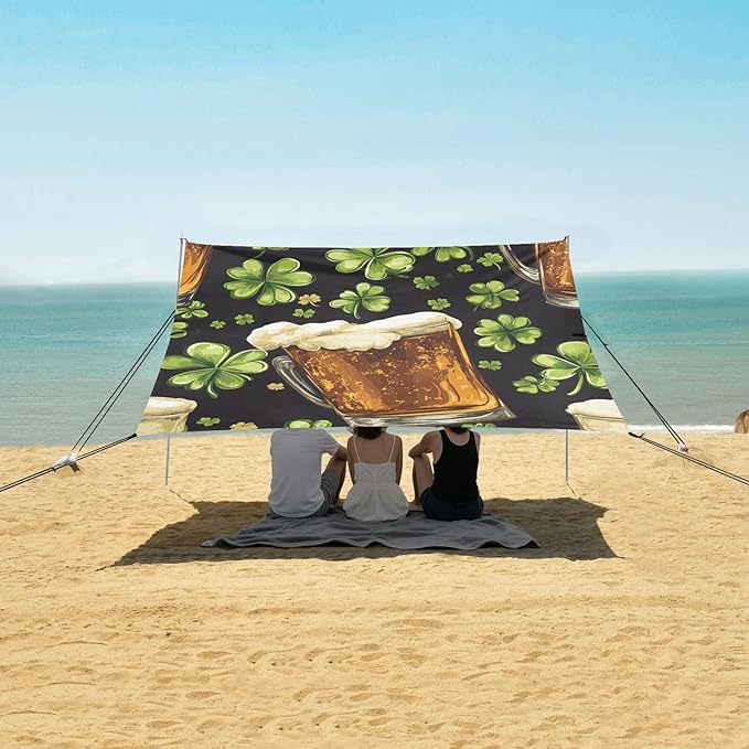 ALAZA St. Patrick's Day Clover Leaves and Glasses of Beer Beach Tent Sun Shelter Portable Canopy Sunshade for Outdoor Camping Picnics Backyard Fun 10x9 ft