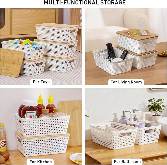 Storage Bins with Lids 8 Packs Plastic Storage Bins with Bamboo Lids for Pantry Organization and Storage Containers for Shelves Drawers Desktop Closet Playroom Classroom Office Home White