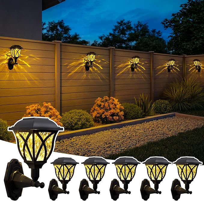 TISEJOY Solar Wall Lights Outdoor Waterproof Warm White Solar Powered Decorative Lights with Auto On/Off for Garden Fence Patio House Backyard Decor (6 Pack)