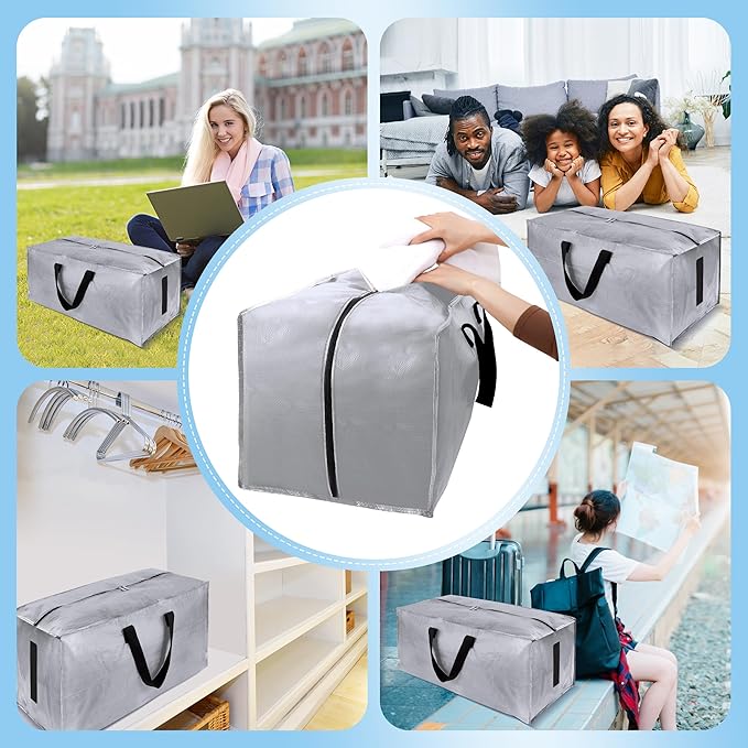 HOMESURE 8 Pack Large Strong Bags with Zippers &amp Carrying Handles - Water-Resistant - Heavy Duty Storage Tote for Space Saving Storage Fold Flat Alternative to Moving Box (Silver)