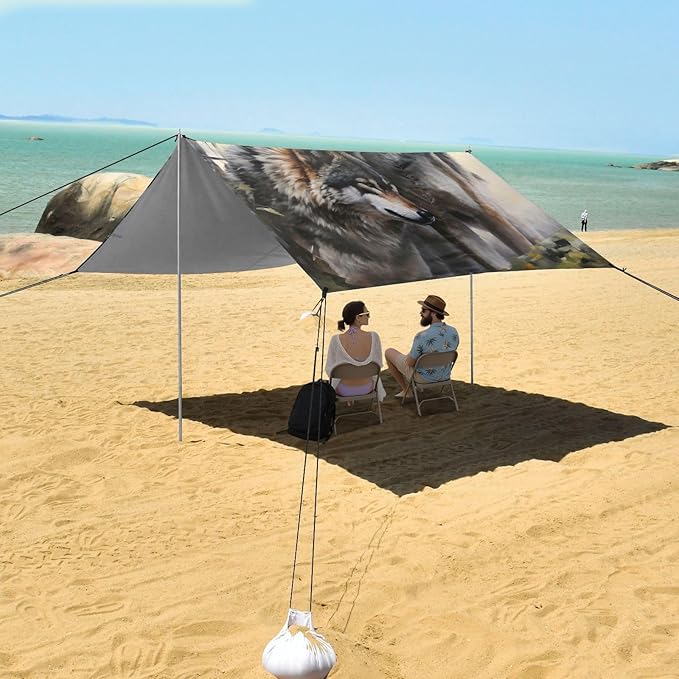 ALAZA Two Wolf Huge Beach Tent Sun Shelter Portable Canopy Sunshade for Outdoor Camping Picnics Backyard Fun 10x9 ft