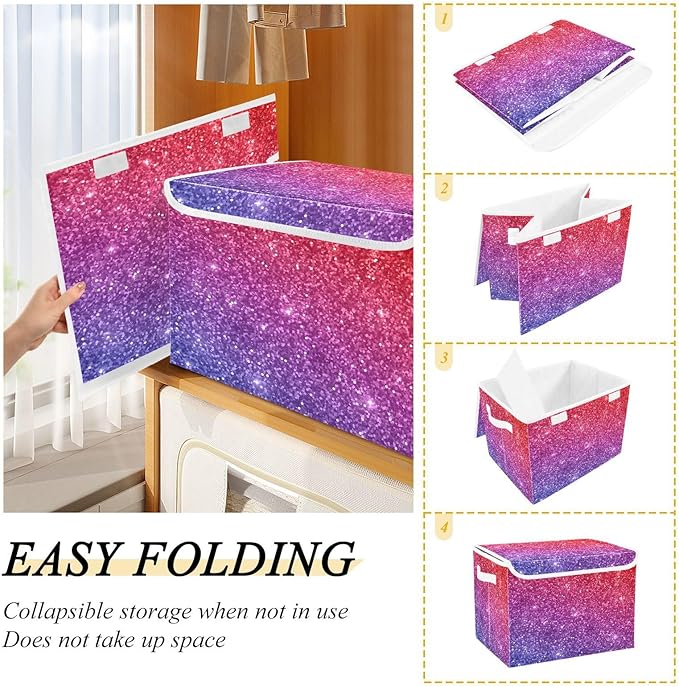 Red Purple Gradient Glitter Storage Bins with Lids Foldable Room Storage Storage Bags for Clothes for Home Studyroom