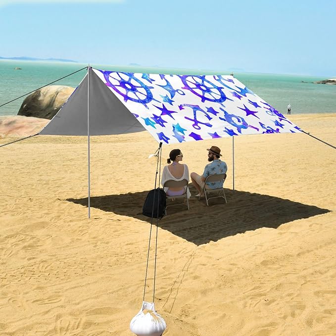xigua Nautical Elements Beach Tent Sun Shelter with Carrying Bag - Silver Coated Oxford Fabric Beach Canopy for Beach Camping Fishing - Includes Windproof Ropes Sandbags &amp Stakes
