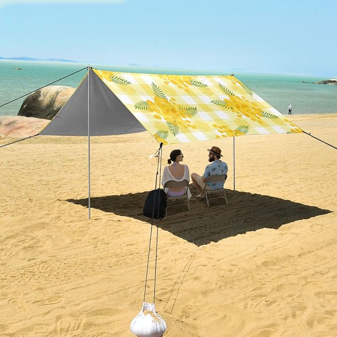 xigua Flowers Beach Tent Sun Shelter with Carrying Bag - Silver Coated Oxford Fabric Beach Canopy for Beach Camping Fishing - Includes Windproof Ropes Sandbags &amp Stakes