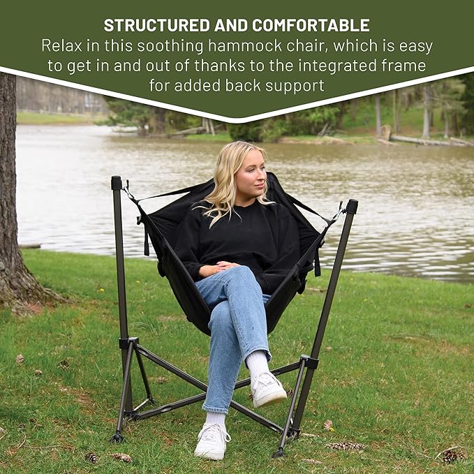 Timber Ridge Portable Hammock Camping Chair Padded Folding Swing Hammock Chair with Stand Heavy Duty Hammock Camp Chair with Carry Bag for Outdoor Beach Patio Supports 300lbs Black