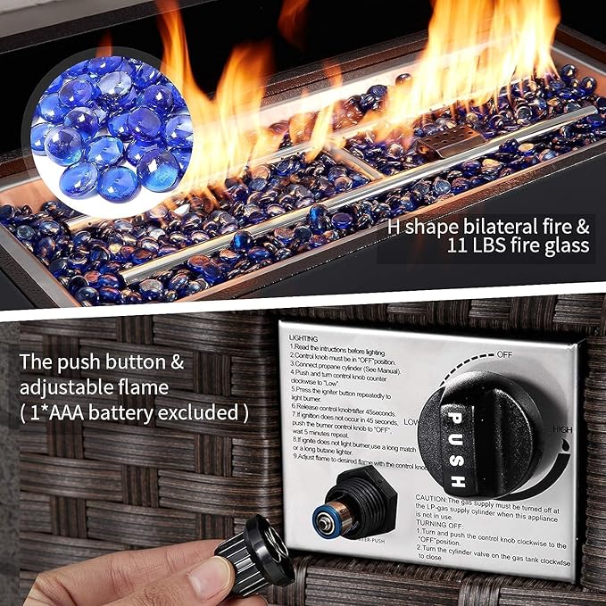 U-MAX 44in Outdoor Propane Gas Fire Pit Table 50000 BTU Auto-Ignition Gas Firepit with Glass Wind Guard Black Tempered Glass Tabletop &amp Blue Glass Rock Brown PE Rattan CSA Certification