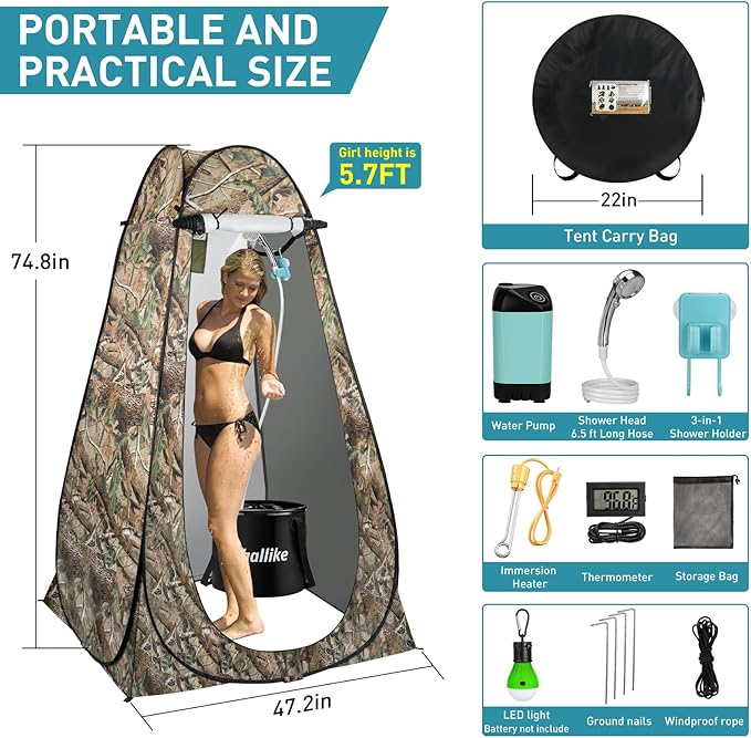 Portable Hot Shower for Camping Shower Tent Kit 1000W Immersion Heater Rechargeable Camping Shower Pump Pop Up Shower Tent with 6.6 Gallons Folding Bucket for Adults Outdoor