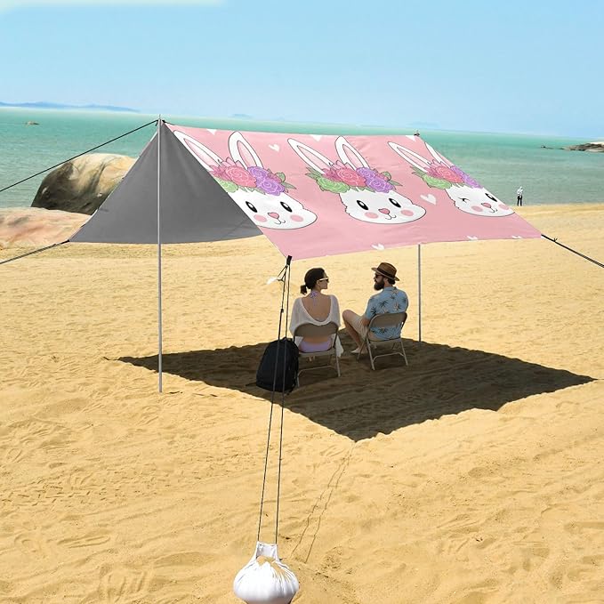 Beach Canopy with Windproof Ropes &amp Sandbags Beach Tent Sun Shade Sun Shelter for Camping Trips Fishing Backyard Fun or Picnics Rabbit