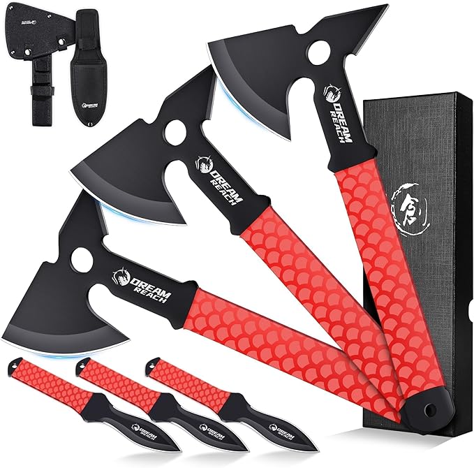 Dream Reach 6-Pack Throwing Game Set Including Safe Full Tang 3 PCS Throwing Axes and 3 PCS Throwing Knives with TPR Rubber Sleeve and Protective Sheaths for Recreation and Competition