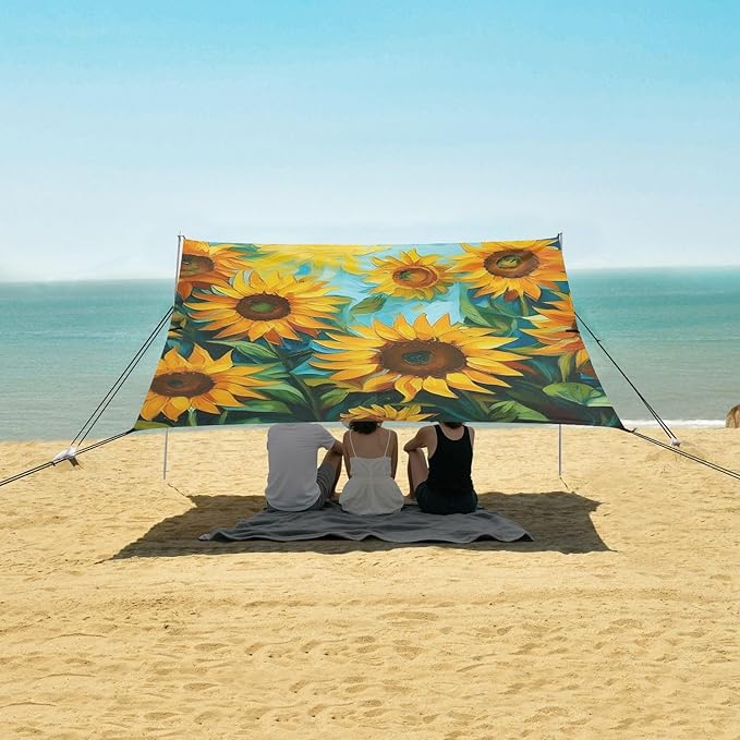 Beach Canopy with Windproof Ropes &amp Sandbags Beach Tent Sun Shade Sun Shelter for Camping Trips Fishing Backyard Fun or Picnics Sunflowers