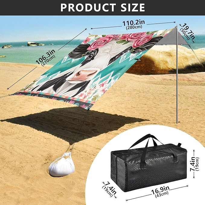 ALAZA Cow Roses Beach Tent Sun Shelter Portable Canopy Sunshade for Outdoor Camping Picnics Backyard Fun 10x9 ft