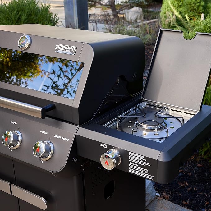 Monument Grills Outdoor Barbecue Stainless Steel 4 Burner Propane Gas Grill 52000 BTU Patio Garden Barbecue Grill with Side Burner and Knob Controls Mesa425 with BBQ Cover