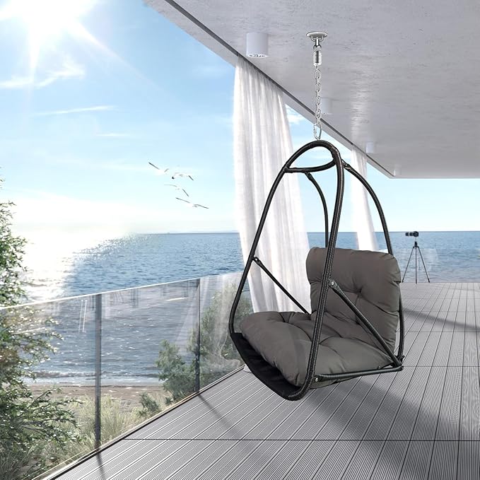 Without Stand Swing Egg Chair Indoor Outdoor Wicker Rattan Patio Basket Hanging Chair with C Type Bracket with Cushion and PillowPatio Wicker Folding Hanging Chair(Special Construction Cup Holder