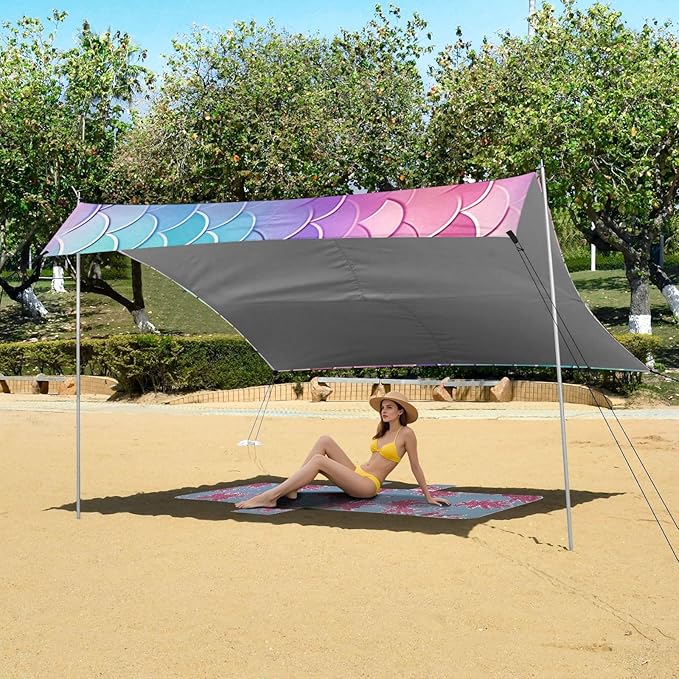 ALAZA Mermaid Print Beach Tent Sun Shelter UPF50+ Protection Beach Shade Canopy w/ 4 Sandbags for Outdoor Camping Fishing Backyard Fun Picnic 10x9 ft