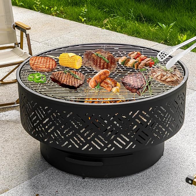32 Wood Burning Fire Pits with Grill &amp Lid Fire Pit Table for Outside with Waterproof Cover &amp Fire Poker Outdoor Firepit with Functions for BBQTable and Bonfire