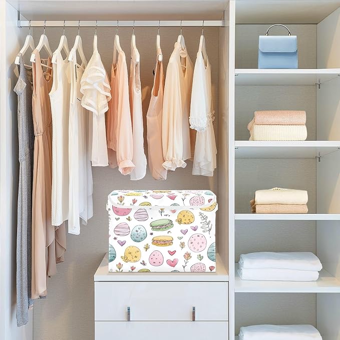 Storage Bins With Lid Stackable Fabric Closet Organizer Clothing Storage Large Boxes For Closet Shelves Bedroom White Decorative Easter Eggs Hearts and Flowers