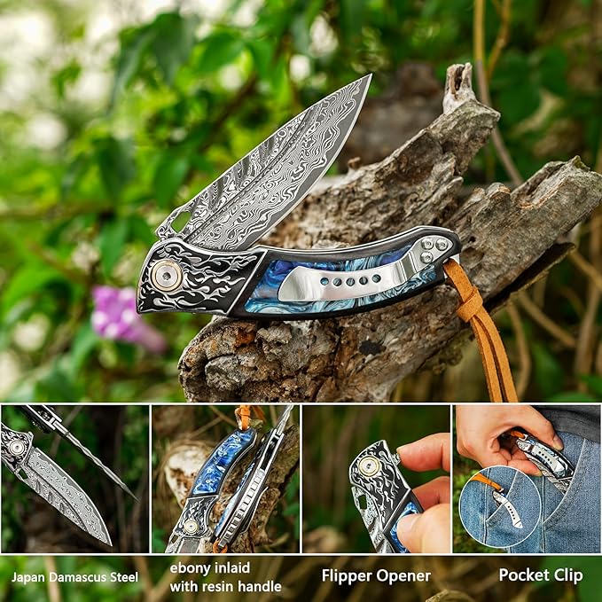 VNLA Handmade Damascus steel Folding Pocket knife. VG10 steel core men and women Folding knifeWith Leather sheathLining lockEbony inlaid with resin HandleEDC outdoor camping