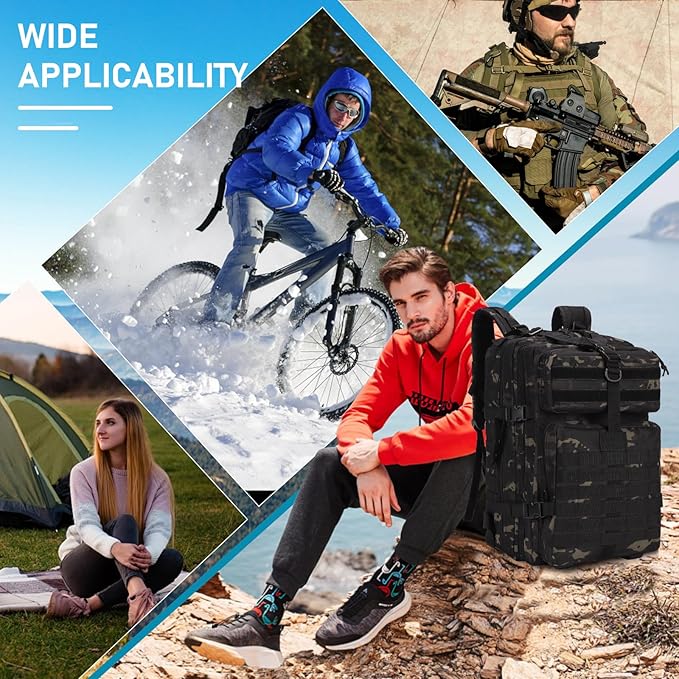 ShowyLive 3P Tactical Backpack Military Rucksack - 45L Large Hiking Backpack Waterproof Durable Camping Backpack for Men Women Travel Outdoor Sports Bug Out Bag (Black CP)