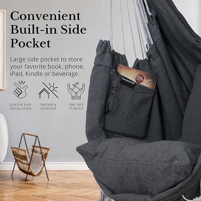 KOMOREBI Hammock Chair - Grey - 60 x 47 - Hanging Rope Swing for Indoor &amp Outdoor - Soft &amp Durable Cotton Canvas - 2 Cushions Included - Large Macrame Hanging Chair for Bedroom Patio Porch