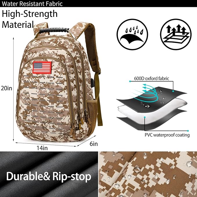Camo BackpackSmall Tactical Backpack for outdoorMilitary Teen Boys Backpacks for School with USB Charging Port40L