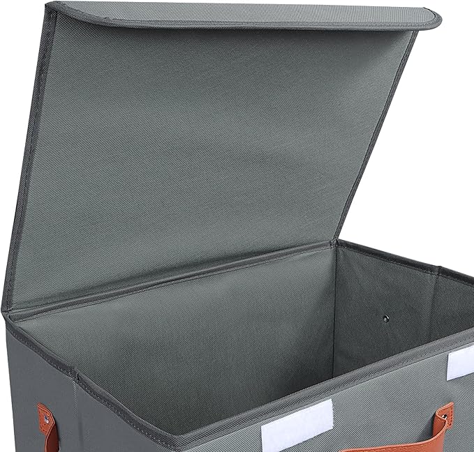 Univivi Heavy Duty Fabric Storage Bins with Lid Large 17 10 Gallon Stackable Storage Cube with Leather Handles Decorative Storage Boxes with Lids for Bedroom Closet Nursery Office 3-Pack(Grey)