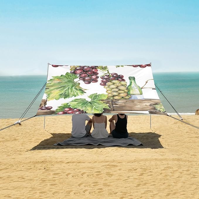ALAZA Watercolor Wooden Box of Bottle and Red White Grapes Beach Tent Sun Shelter Portable Canopy Sunshade for Outdoor Camping Picnics Backyard Fun 10x9 ft
