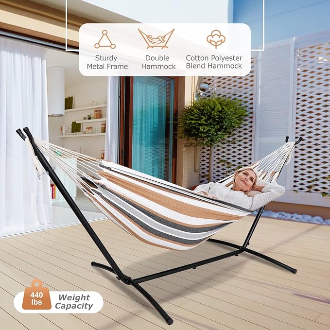 ZENY Double Hammock and Stand for 2 Person Heavy Duty Hammock Stand Brazilian-Style Cotton Hammock 440LB Capacity Desert Stripe