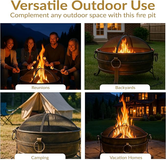 Sunnydaze 34-Inch Large Fire Pit for Outside - Wood-Burning Fire Pit Bowl for Outdoors with Spark Screen Log Poker and Grate