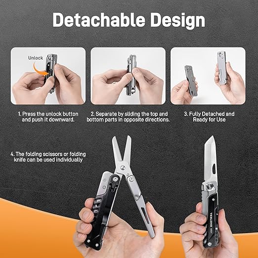 Teslong 5 in-1 EDC Multitool Knife Scissors with Screwdrivers Detachable Design 440A Stainless Pocket Knife Window Breaker Tactical Gear for Camping Surviving Hiking Gift for Men Dad