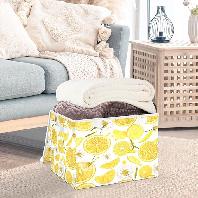 Collapsible Storage Bins with Lids Decorative Fabric Storage Cubes Closet Organizer and Storage Basket Boxes Containers for Clothes Box Chest Folding Rectangle Yellow Summer Lemon Sli