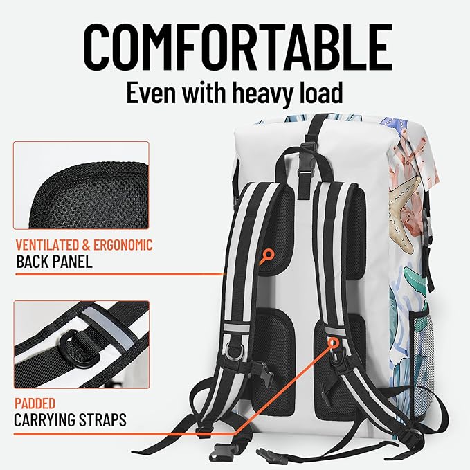 Waterproof Backpack Heavy Duty Marine Dry Bags for Kayaking Hiking Fishing Travel Backpack Roll-Top Closure Bag with Waterproof Phone Case - Sea Shell Coral Nautical Starfish 35L/55L/85L