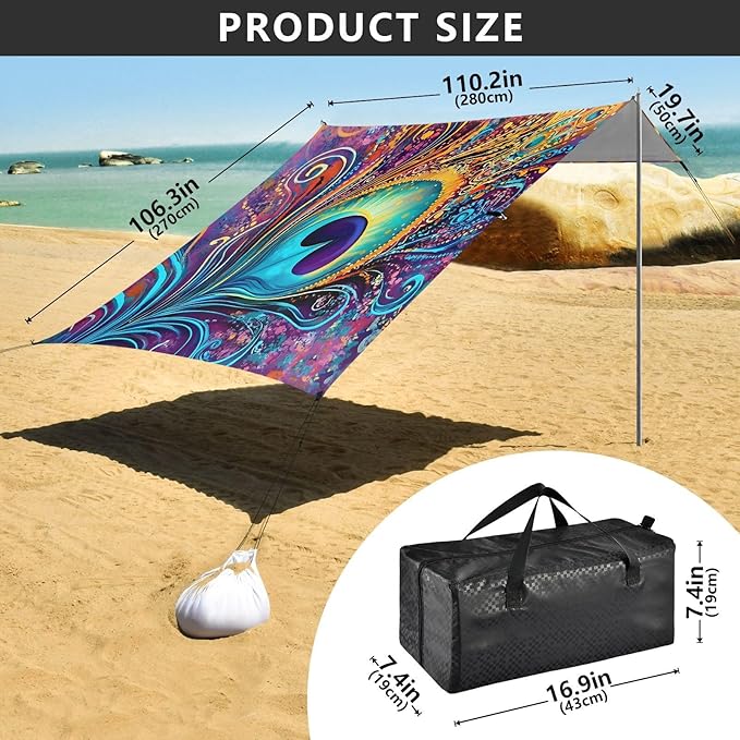 ALAZA Colorful Peacock Feather Art Beach Tent Sun Shelter UPF50+ Protection Beach Shade Canopy w/ 4 Sandbags for Outdoor Camping Fishing Backyard Fun Picnic 10x9 ft