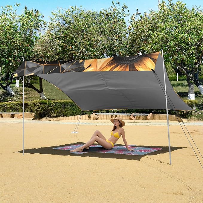 ALAZA Golden Polygonal Shape Watercolor Sunflower on Black Beach Tent Sun Shelter Portable Canopy Sunshade for Outdoor Camping Picnics Backyard Fun 10x9 ft