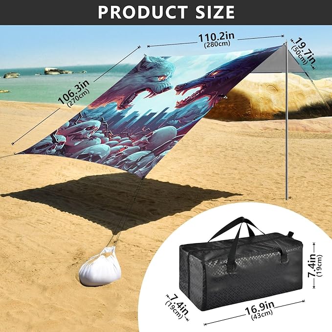 ALAZA Two Wolf Moon Skull Beach Tent Sun Shelter Portable Canopy Sunshade for Outdoor Camping Picnics Backyard Fun 10x9 ft