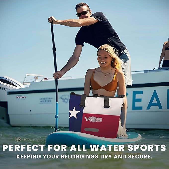 VOS Waterproof Premium Texas Dry Bag – All-purpose Tote Bag with Zip Pocket (Red Blue White) - Keep Your Gear &amp Personal Items Dry During Hiking Camping and Water Sports