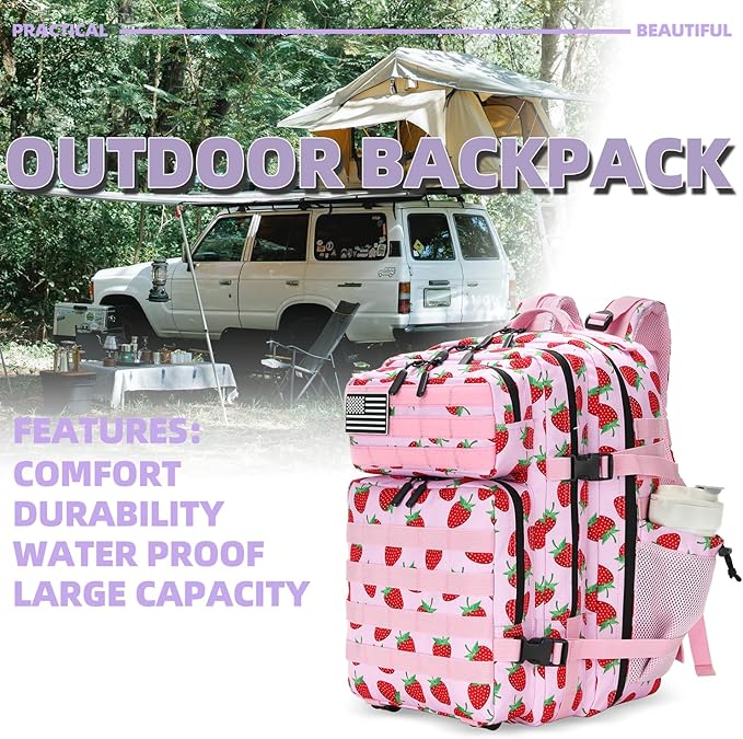 Lovelinks21 25L Tactical Military Backpack Small Travel Rucksack for Men and Women Assault Pack Bug Out Bag Molle Daypack Gym Backpack with Bottle Holder (Strawberry)
