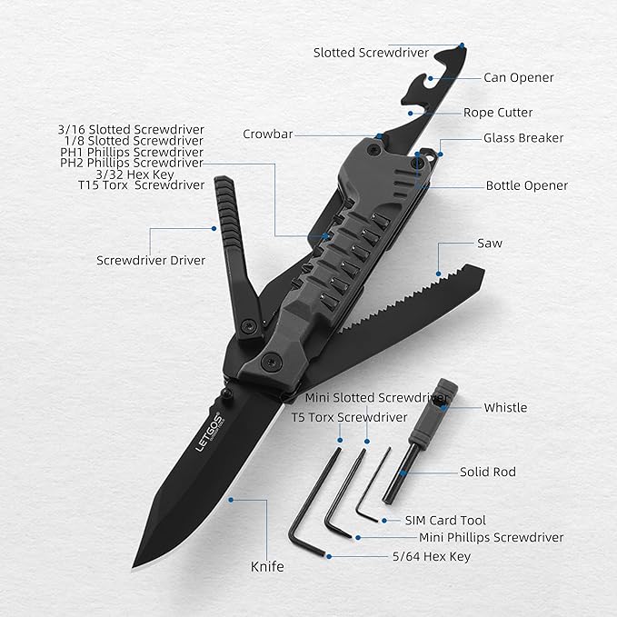 Multi Pocket Knife 22 in 1Survival Gear EDC Tools with Nylon Sheath Emergency Camping Hiking Hunting Gift for Men Women (Cool Black)