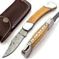 Nooraki - Handmade Damascus Pocket Knife with Pure Leather Sheath | Folding Knife Hunting Camping Multi Tool Knife With Leather Sheath Wood Handle - Gift for Men &amp Women