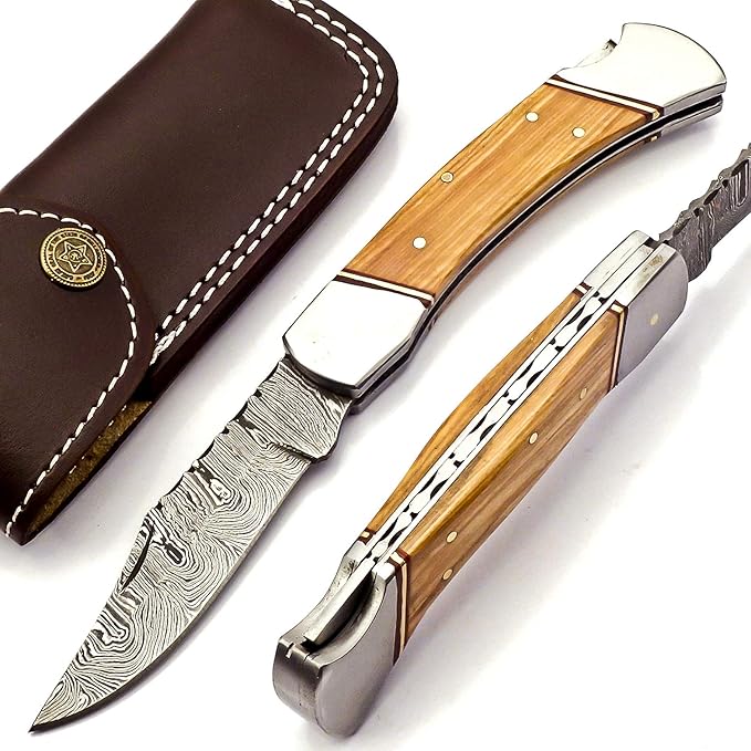 Nooraki - Handmade Damascus Pocket Knife with Pure Leather Sheath | Folding Knife Hunting Camping Multi Tool Knife With Leather Sheath Wood Handle - Gift for Men &amp Women