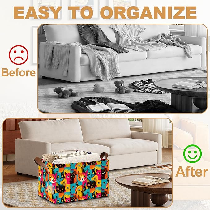 32L Large Storage Bins with Handles Cute Animal Basket Organizer for Shelves Closet Books Laundry &amp Home Decor (Abstract Cat)
