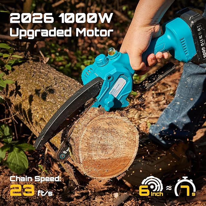 SEESII Chainsaw 6 Inch Mini Electric Chainsaw Cordless Battery Powered 2026 Upgraded Hand Held Saw with 2x2000mAh Battery for Wood/Trees Trimming Chain Saw Gift for Men Dad Husband Fathers Gardener