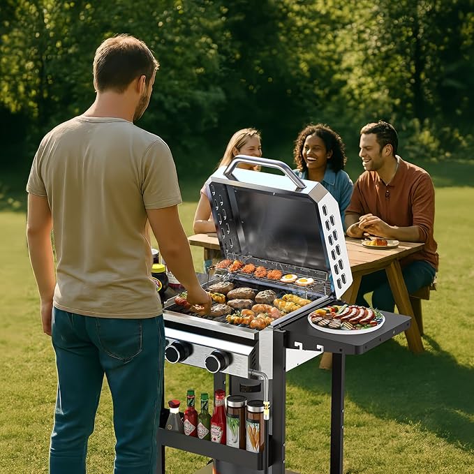 ‌2-Burner Gas Grill Stainless Steel 16000 BTU BBQ Grill with Foldable Side Shelves &amp Storage Shelf – Ideal Propane Grill for Outdoor Barbecues Patio Gatherings and Camping