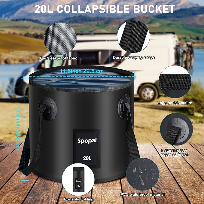 Portable Shower for Camping Rechargeable Camping Shower with Collapsible Bucket with Handle 20L Intelligent LED Display 4 Spray Modes Outdoor Shower Kit for Hiking Travel Car Pet 【Black】