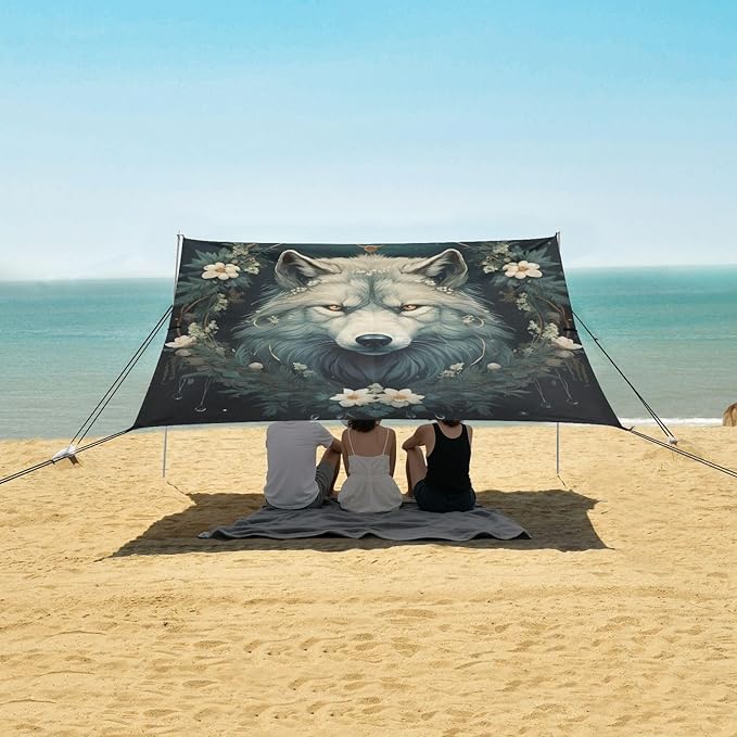ALAZA Wolf Head Wreath of Flowers Beach Tent Sun Shelter Portable Canopy Sunshade for Outdoor Camping Picnics Backyard Fun 10x9 ft