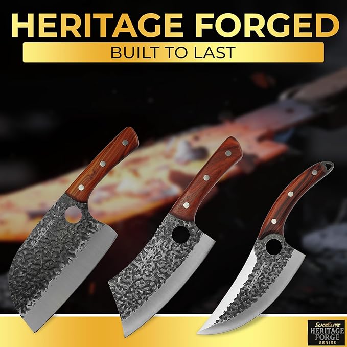 SliceElite Heritage Forge 3 Piece Butcher Knife Set Serbian Chef Meat Cleaver Viking Knife High Carbon Stainless Steel Full Tang Sandalwood Handle BBQ Grilling Camping Cooking Gift Set For Men &amp W