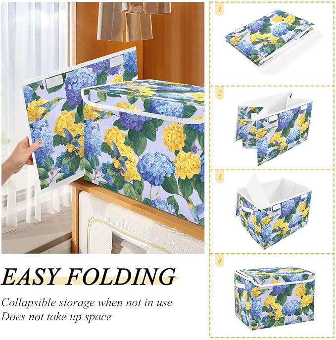 Storage Bins with Lids Storage Containers Box Organizer Bin Basket with Handles for Closet Shelves Clothes Stackable Foldable Decorative Blue Hydrangeas Hummingbirds