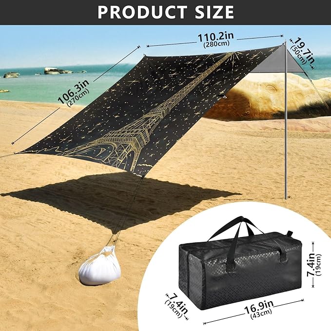 ALAZA Gold Eiffel Tower Starry Sky Beach Tent Sun Shelter UPF50+ Protection Beach Shade Canopy w/ 4 Sandbags for Outdoor Camping Fishing Backyard Fun Picnic 10x9 ft