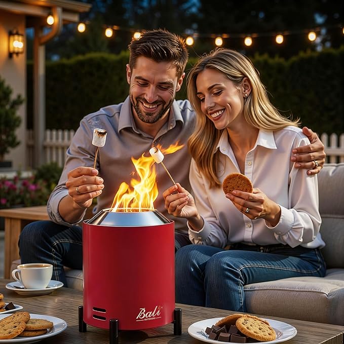 BALI OUTDOORS 6.5 inch Tabletop Fire Pit Round Stainless Steel Table Top Firepit Small Outdoor Smokeless Firepit Portable Red
