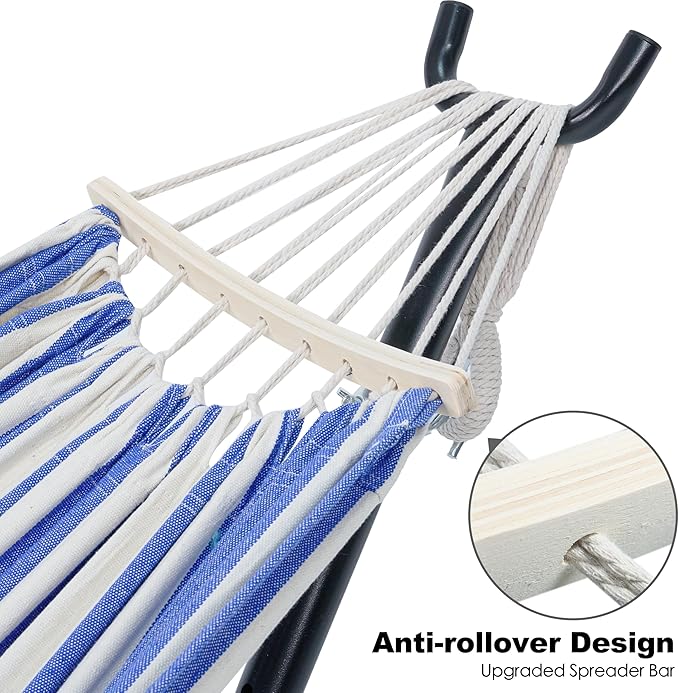 GAFETE Double Hammock with Stand for Outside Upgraded Spreader Bar Heavy Duty Space Saving Steel Stand 2 Person Convenient Pockets 600lbs Weight Capacity Indoor &amp Outdoor (Blue &amp White)