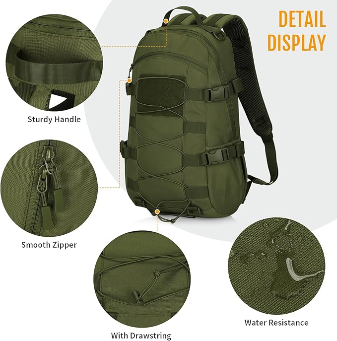 HUNTVP Tactical Backpack Outdoor MOLLE Military Hunting Rucksack Gear Assault Travel Daily 25L Pack Bag for Working Camping (Army Green)